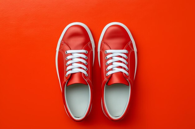 Sneakers vermelhos vibrantes em close-up em fundo colorido