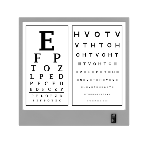 Foto snellen eye chart test light box em um fundo branco. renderização 3d