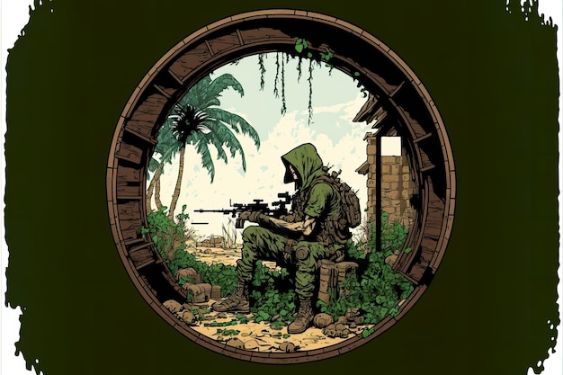 Sniper com um rifle enorme está sentado em uma ilustração plana de abrigo