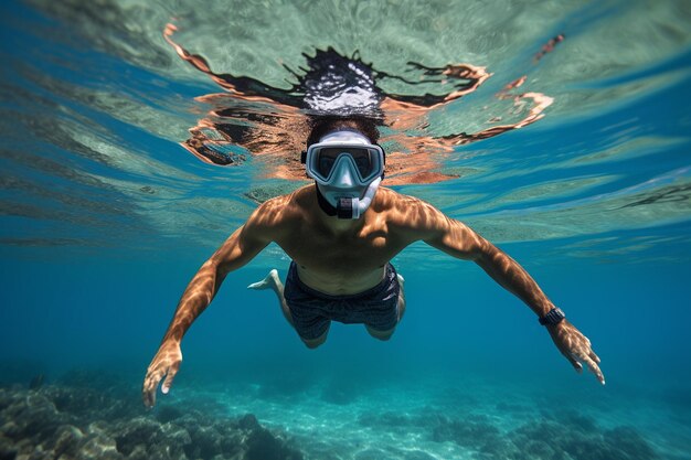 Snorkeler praticando poses de ioga debaixo d'água