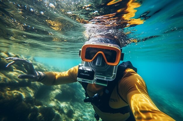 Snorkeler segurando uma câmera à prova d'água e capturando o mundo subaquático