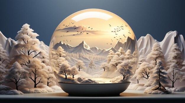 Snow Globe Tranquility 3D-Illustration mit weißer Schneedecke