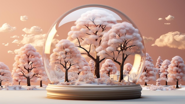 Snow Globe Tranquility 3D-Illustration mit weißer Schneedecke