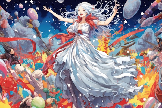Snow Maiden dançando em uma festa rave em estilo de quadrinho de mangá