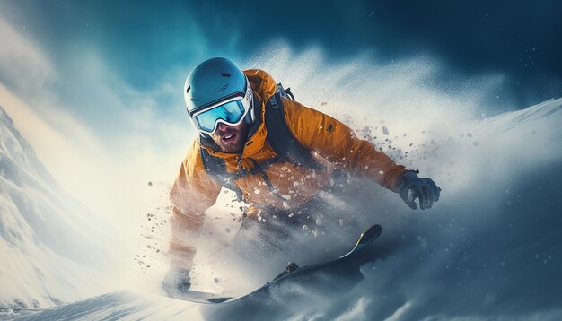 Foto snowboarden, skifahren, dynamisches fotoshooting im schnee