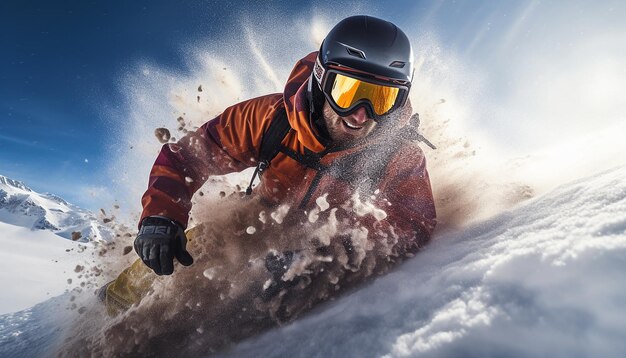 Foto snowboarden, skifahren, dynamisches fotoshooting im schnee