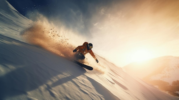 Snowboarder andando na encosta no inverno