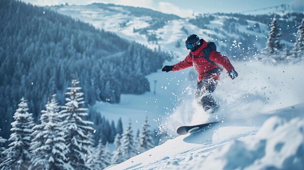 Un snowboarder bajando por una ladera en polvo en un país de las maravillas del invierno