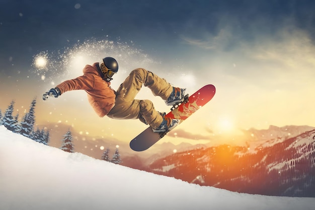 Snowboarder beim Sprung im Hochgebirge an einem sonnigen Tag. Neuronales Netzwerk AI generiert