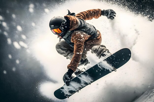 Snowboarder beim Sprung im Hochgebirge an einem sonnigen Tag. Neuronales Netzwerk AI generiert