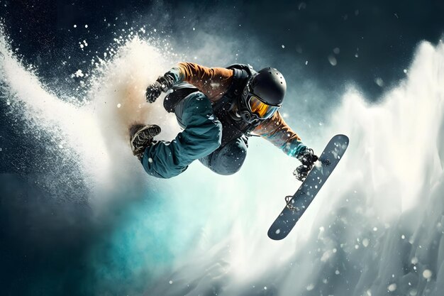 Foto snowboarder beim sprung im hochgebirge an einem sonnigen tag, neuronales netzwerk, erzeugt durch ki