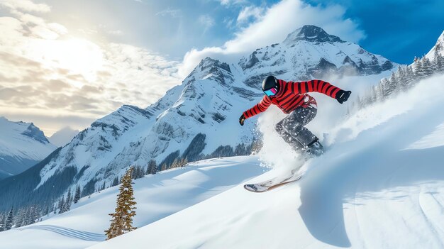Un snowboarder con una chaqueta de rayas rojas y blancas talla a través de la nieve en polvo fresca en la ladera de una montaña