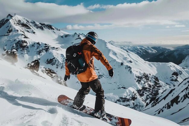 un snowboarder está bajando una montaña nevada con una mochila en ella