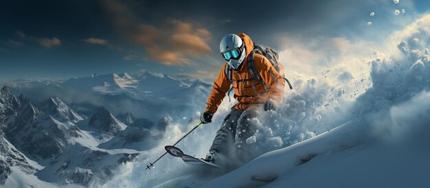 Foto snowboarder en el fondo de las montañas