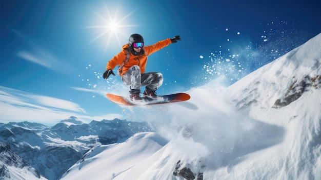 El snowboarder se lanza a saltar el equipo brillante