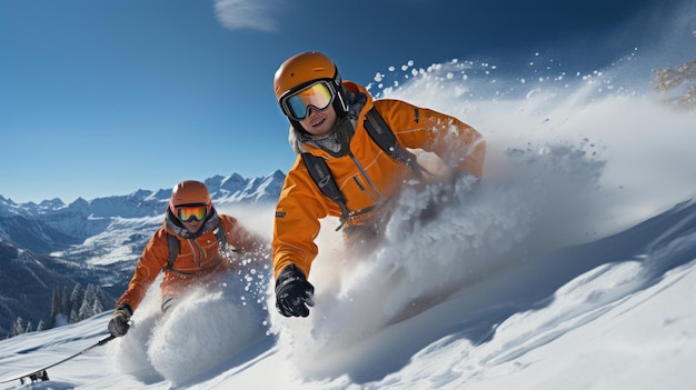 Snowboarder pulando nas montanhas Esporte extremo de inverno