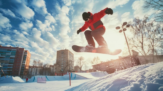 Snowboarder realizando trucos en un parque de deportes de invierno