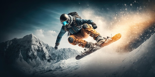 Snowboarder salta sobre la montaña IA generativa