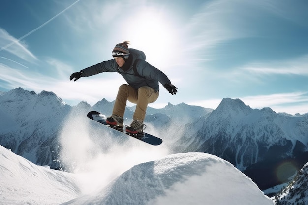 Snowboarder saltando sobre uma montanha com neve ao fundo