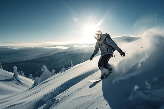 Snowboarder en un salto en una alta montaña Freerider