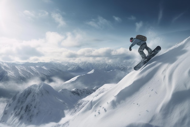 Snowboarder en un salto en una alta montaña Freerider