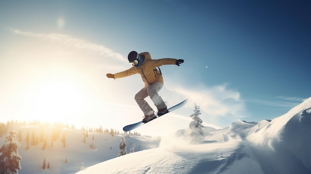 El snowboarder en un salto extremo desciende de la montaña de esquí Actividad recreativa deportes de invierno IA
