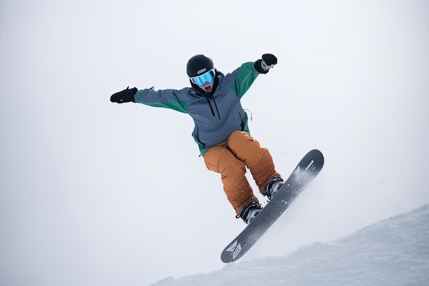 Snowboarder springt auf einem verschneiten Berghang in die Luft. Extremer Snowboard-Wettbewerb, AI generiert