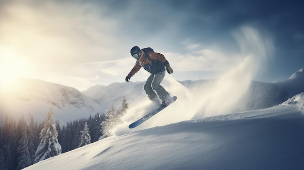 Snowboarder springt auf schneebedeckte Berge Generative Ai