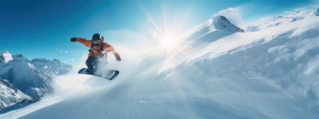 Snowboarder totalmente equipado deslizando pelas montanhas em um dia ensolarado