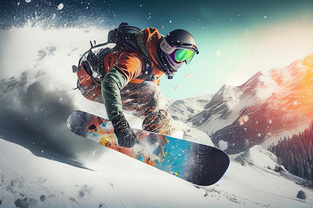 Snowboarder volador en las montañas Deporte extremo de invierno IA generativa