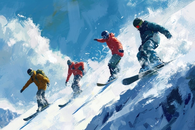 Foto snowboarders dinâmicos esculpindo a encosta da montanha
