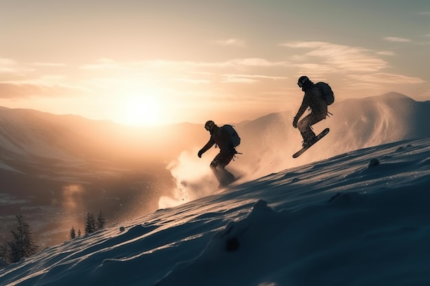 Snowboarders em um salto em uma competição de alta montanha