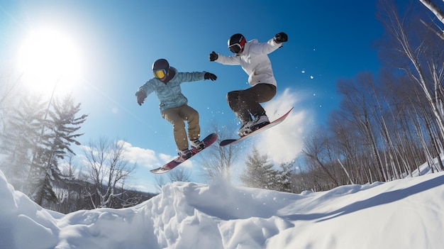 Snowboarders pegando ar de um salto AI Generative