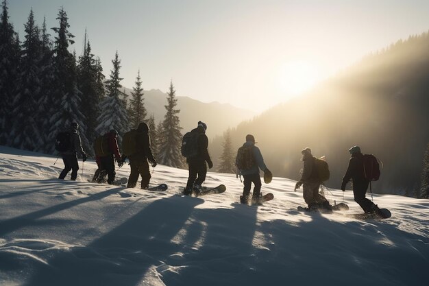 Snowboarders en un salto en una competición de alta montaña