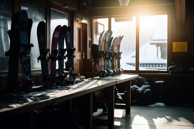 Snowboards en la puerta de una tienda de deportes Concepto de turismo de nieve