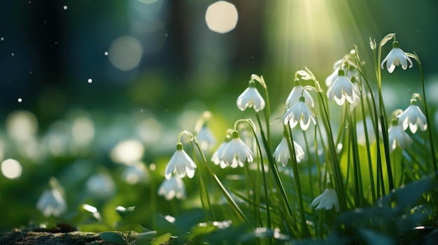 Snowdrops delicados iluminados pelo sol, uma sugestão de primavera gerada por IA