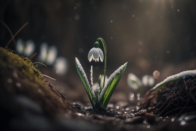 Snowdrops na chuva com um fundo escuro