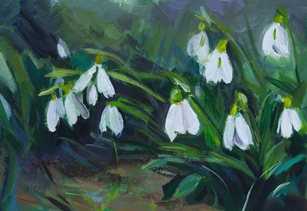 Snowdrops pintando arte Bela ilustração de flores desabrochando na floresta As flores da primavera