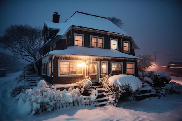 Snowedin house com os sons de uma tempestade furiosa do lado de fora criada com ai generativa