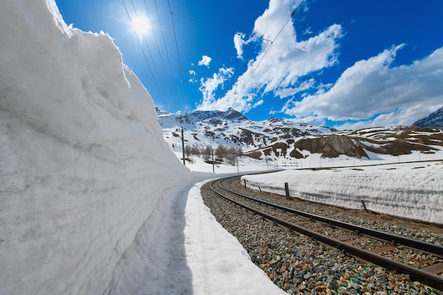 Snowwall para a passagem da ferrovia rhaetian nos alpes suíços