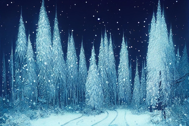 Snowy Christmas Night Gefrorener Wald 3D-Darstellung