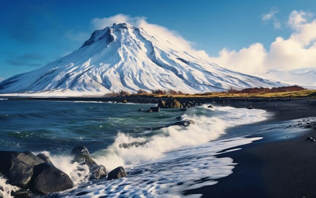 Snowy Mountain und Black Sand Beach Generative KI