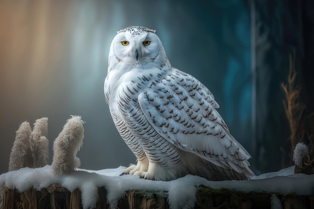 Snowy Owl Bubo Scandiacus com olhos amarelos penetrantes Geração AI