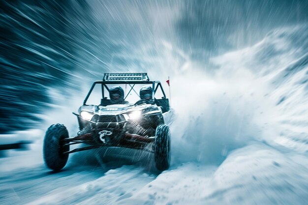 Foto snowy thrills buggy acelerando através de um país das maravilhas de inverno