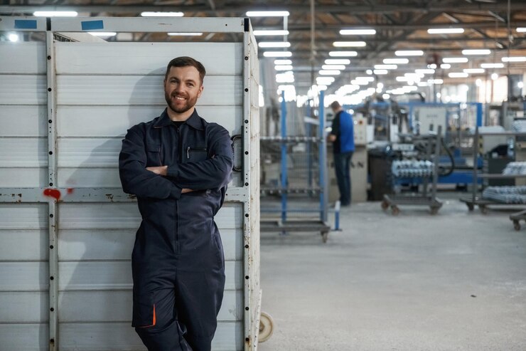 Foto só de pé e sorrindo o trabalhador da fábrica está dentro de casa