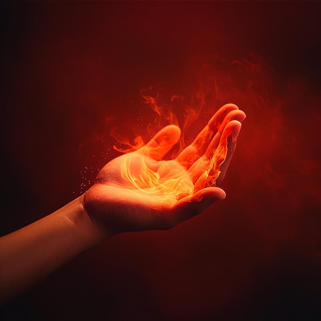 Só uma mão segurando um feitiço de fogo em um fundo vermelho.