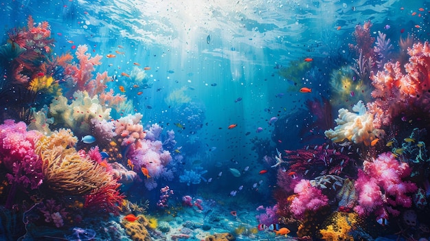 Sob a água, maravilhe-se com um recife de coral vibrante repleto de grupos de peixes que navegam no oceano azul claro.