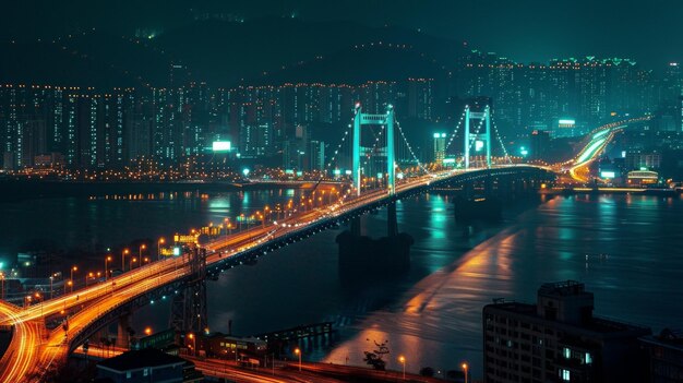 Foto sob a cobertura da escuridão, a ponte gwangan é um testemunho da modernidade e engenhosidade de busan. sua majestosa presença iluminada contra o fundo das luzes cintilantes da cidade.