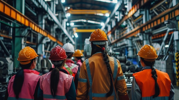 Sob as luzes fluorescentes de uma fábrica moderna, um grupo de maquinistas vestidas com equipamento de segurança