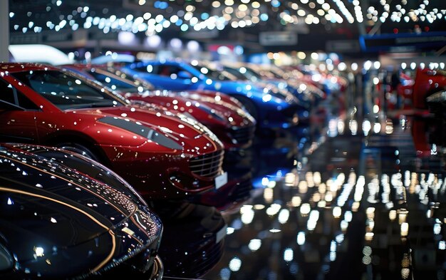 Foto sob o brilho das luzes dos salões de exposições, os carros novos brilham com sofisticação. os carros novos elegantes atraem o olho iluminados pelas luzes do salão de exposições.